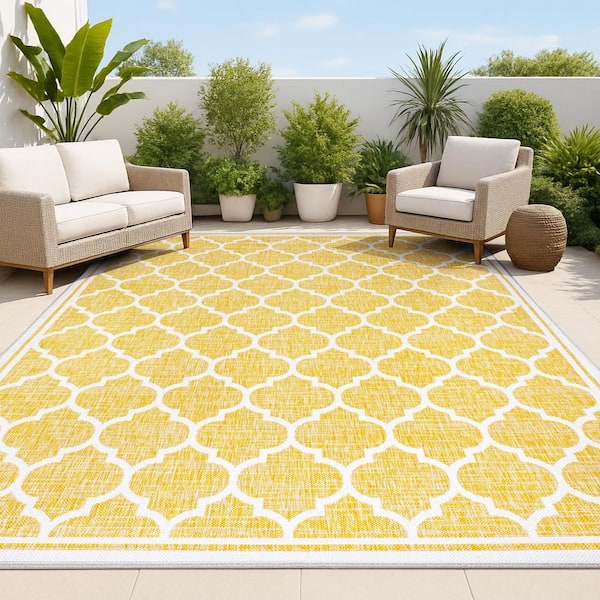 Trebol Moroccan Trellis Textured Weave Yellow/Cream 8 ft. x 10 ft. Indoor/Outdoor Area Rug