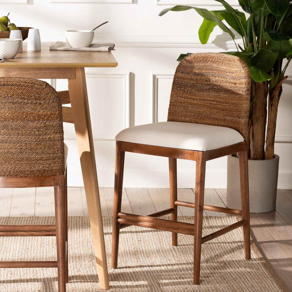 Nadim White Fabric and Acacia Wood Counter Stool with Seagrass Backrest