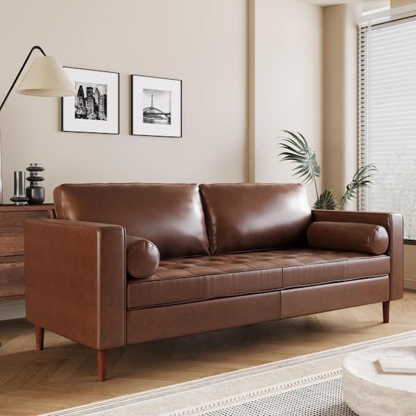 Harper & Bright Designs Modern 82.25 in. Square Arm Faux Leather 3-Seat Rectangle Sofa in. Light Brown with Tufted Design, 2-Bolster Pillows