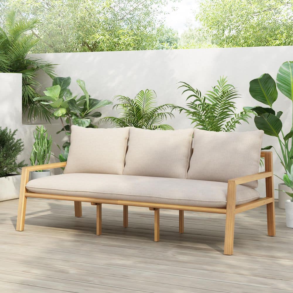 Angela Patio Light Teak Finish Wood and Beige Rope Woven Outdoor Couch with Beige Cushions