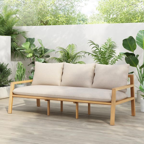 Angela Patio Light Teak Finish Wood and Beige Rope Woven Outdoor Couch with Beige Cushions