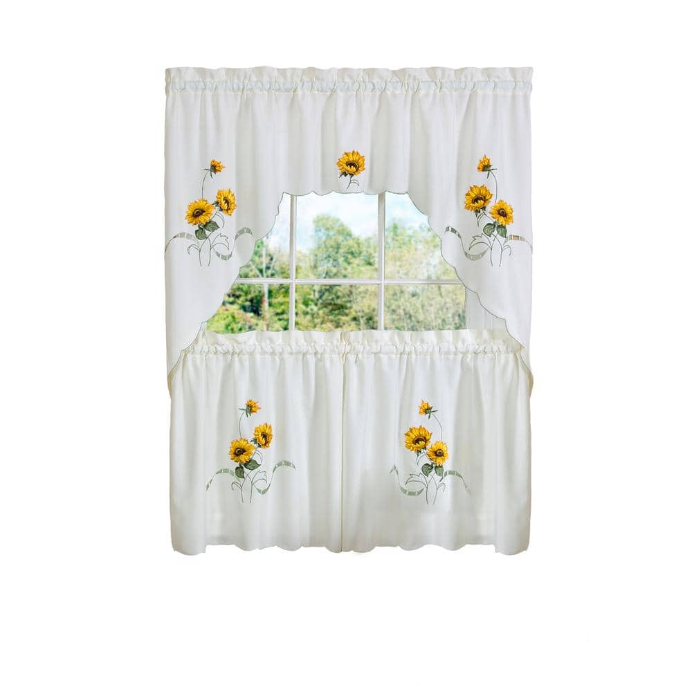 White and Yellow Sunflower Embellished Tier Curtain Set