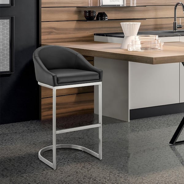 Armen Living Atherik 34-38 in. Black/Brushed Stainless Steel Metal 28 in. Bar Stool with Faux Leather Seat