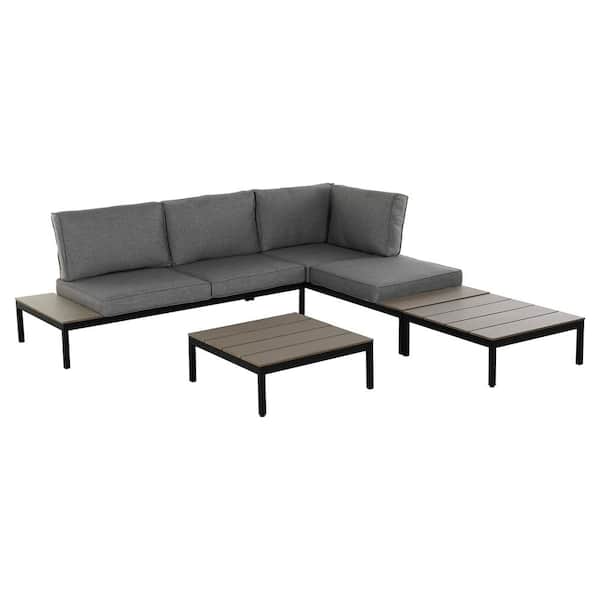 Wildaven 4-Piece Aluminum Outdoor Sectional Sofa Set Conversation Set with Cushion and Built-in Side Table