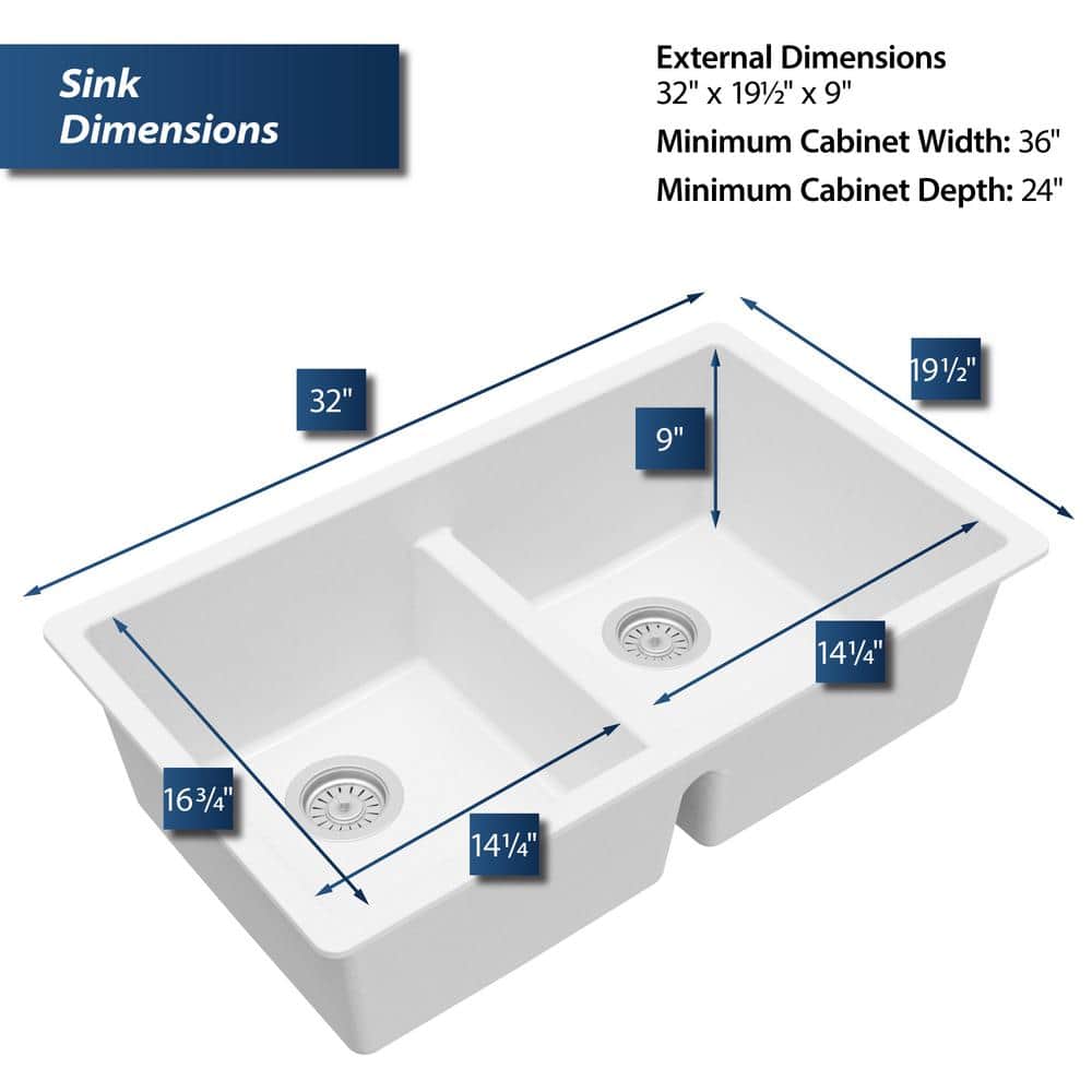 White Quartz Double Bowl Undermount Kitchen Sink, 32"