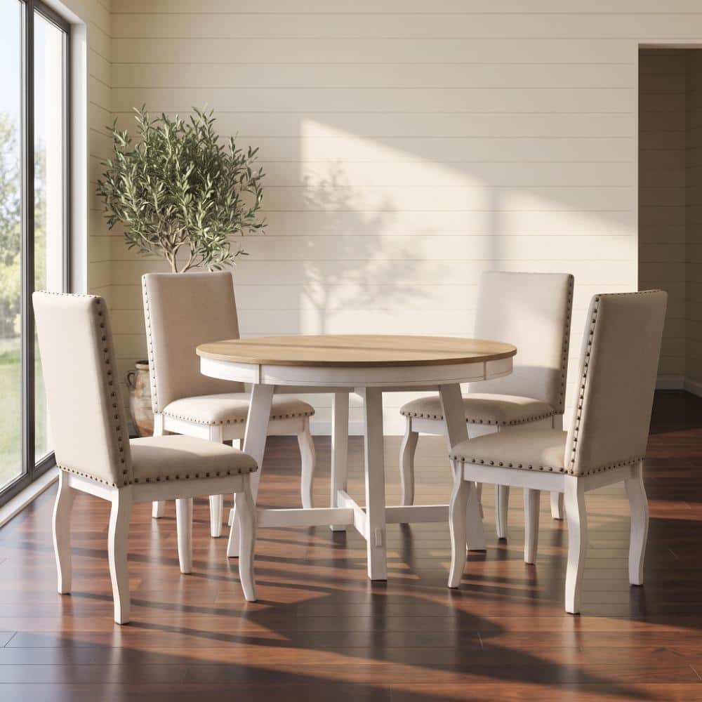 COWLOWN 5-Piece Dining Table Set Wood Round Extendable Dining Table and 4 Upholstered Dining Chairs (Natural Wood + White)