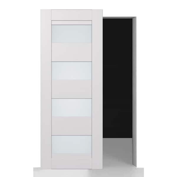 Della 32 in. x 84 in. Bianco Noble 4 Lite Frosted Glass w/o BaseBoard Wood Hidden Sliding Barn Door with Hardware Kit