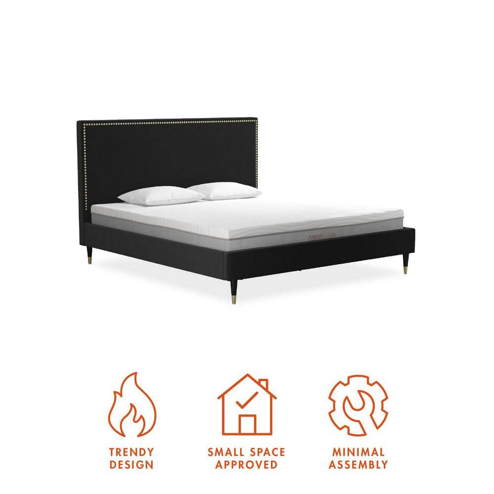 Audrey King Black Velvet Upholstered Platform Bed with Nailhead Trim