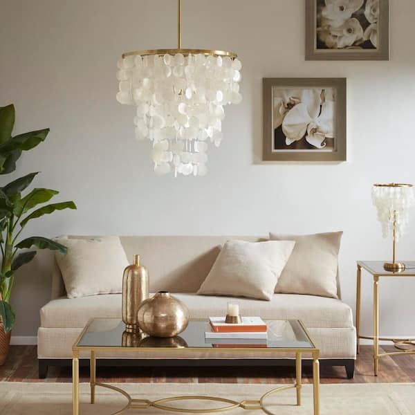 1 Light Gold No Decorative Accents Capiz Circle Chandelier for Living Room with No Bulbs Included