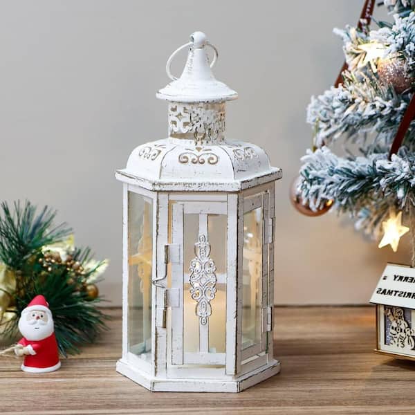 10 in. x 5 in. White Metal Vintage Lantern without Candle