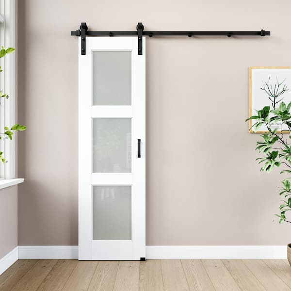 18 in. x 80 in. 3-Lite Frosted Glass White Primed MDF Composite No Assembly Required Sliding Barn Door with Hardware Kit
