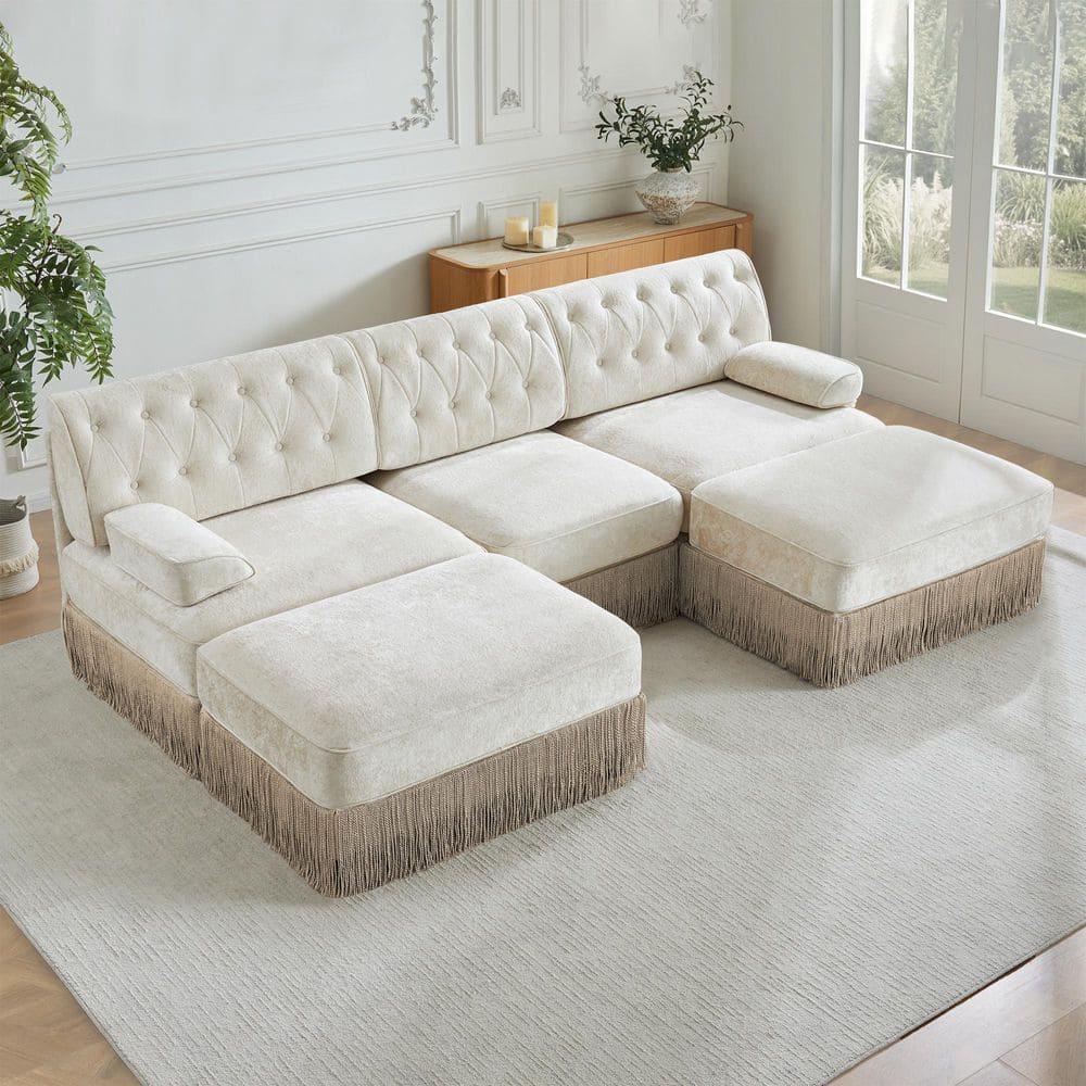 Modern 106.1 in. Curved Arms Velvet U-Shaped Tufted Modular Sectional Sofa in Beige with 2 Ottomans and Skirt Base