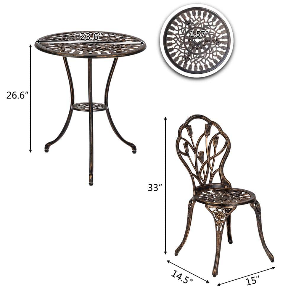 Bronze Cast Iron 3-Piece Tulip Bistro Set with Round Table