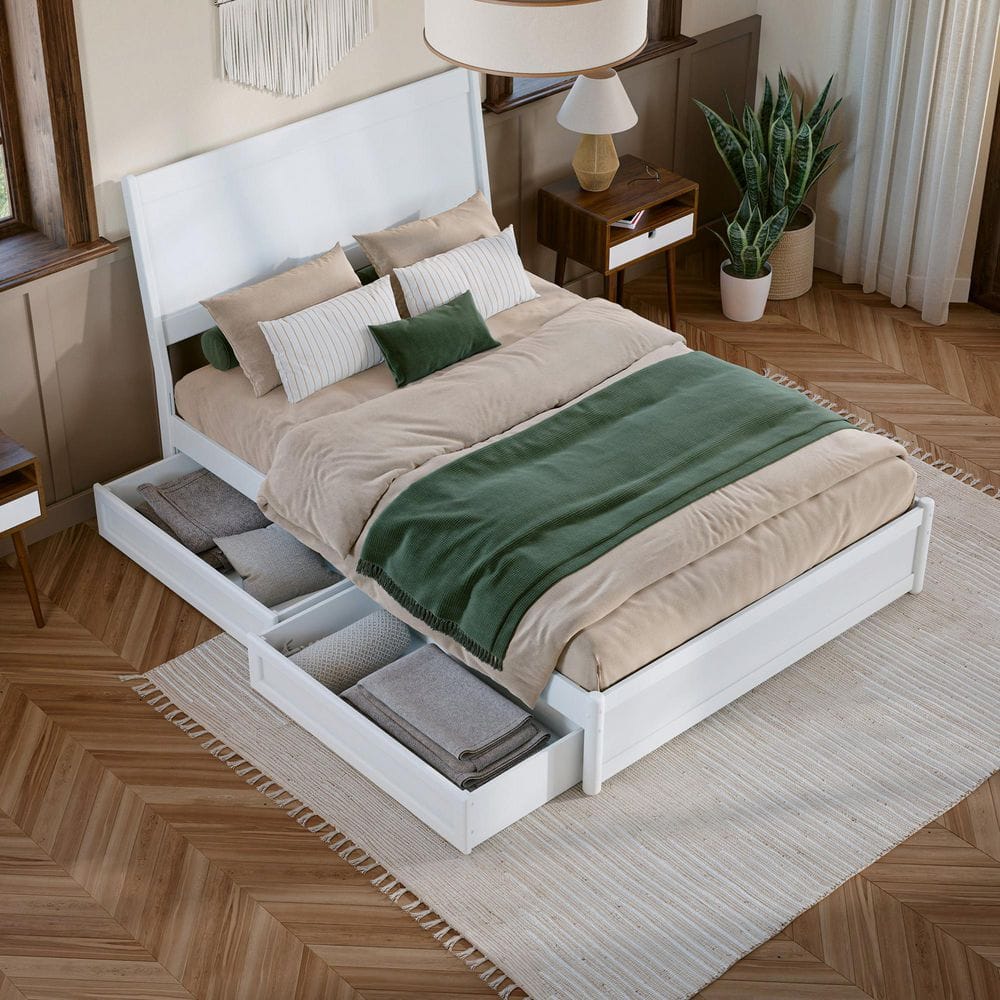 Casanova White Full Wood Platform Bed with Storage Drawers