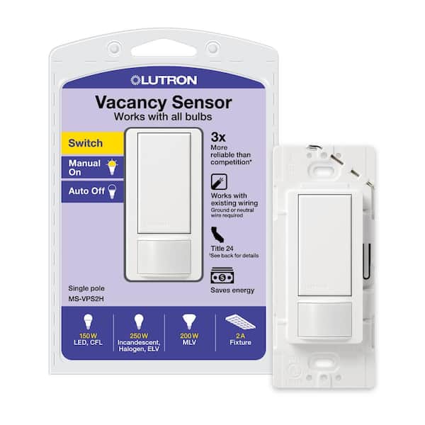 Lutron Maestro Vacancy-Only Sensor Switch, 2 Amp/Single-Pole, No Neutral Required, White (MS-VPS2H-WH)