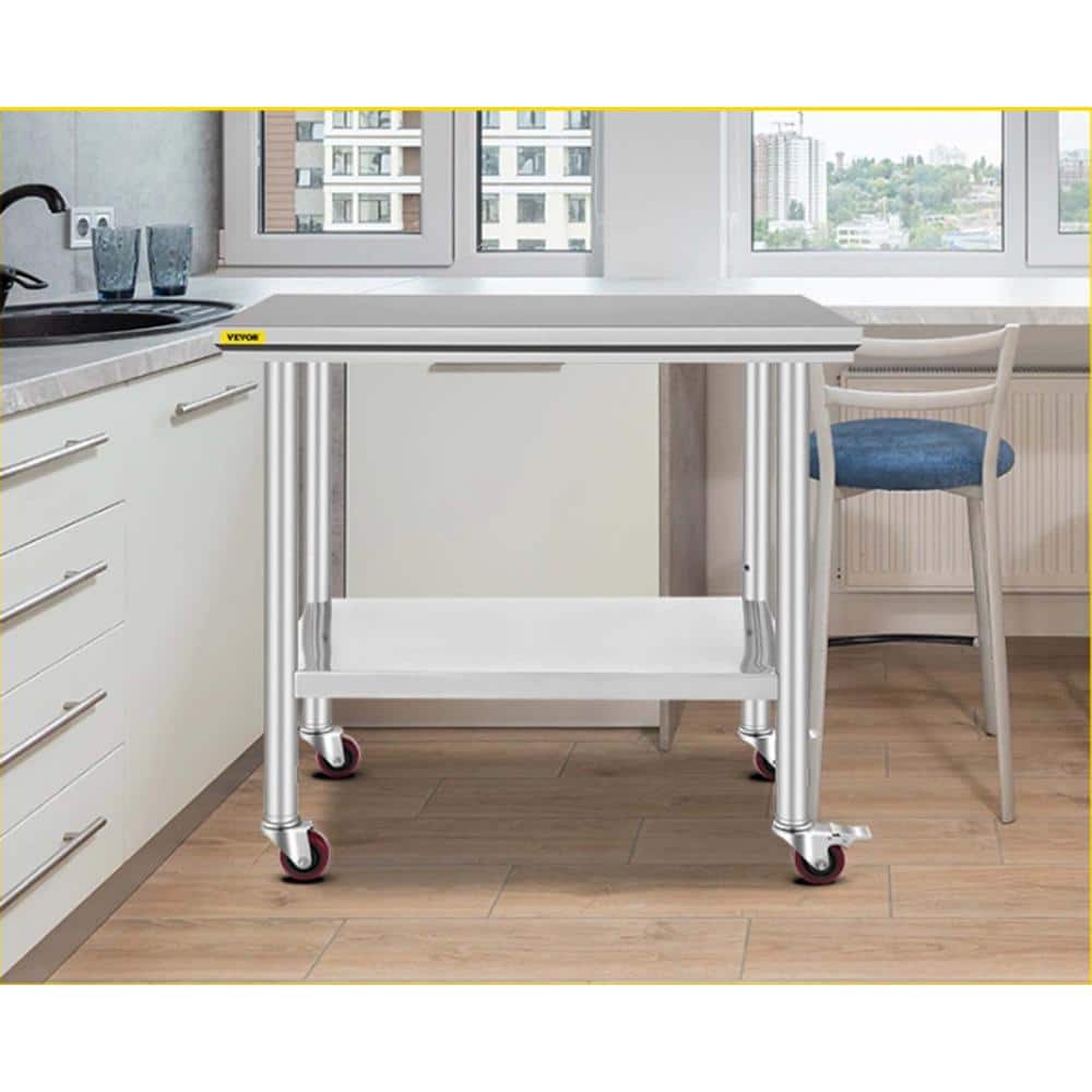 36-Inch Stainless Steel Kitchen Prep Table with Undershelf and Casters