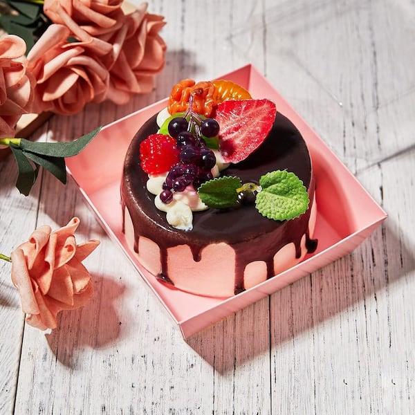 4 in. Paper Charcuterie Boxes for Cookies, Cake Slices, Mini Cakes, and Chocolate Strawberries, Pink (50-Pack)