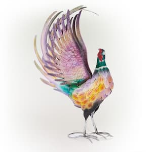 28 in. H Indoor/Outdoor Metal Rooster with Flared Feathers Decorative Garden Statue, Multicolor