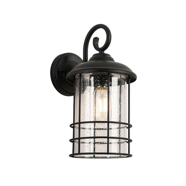 Jushua 1-Light Textured Black Not Motion Sensing Dusk to Dawn Outdoor Hardwired Wall Cylinder Sconce, No Bulbs Included