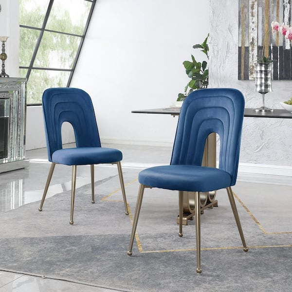 Unbranded Blue Modern Accent Chair Velvet Upholstered Dining Chair Side Chair with Metal Legs (Set of 2)
