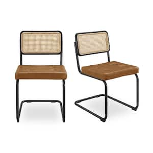 SIASY Black Genuine Leather Dining Chairs with Woven Rattan Oak Wood Backrest (Set of 2)