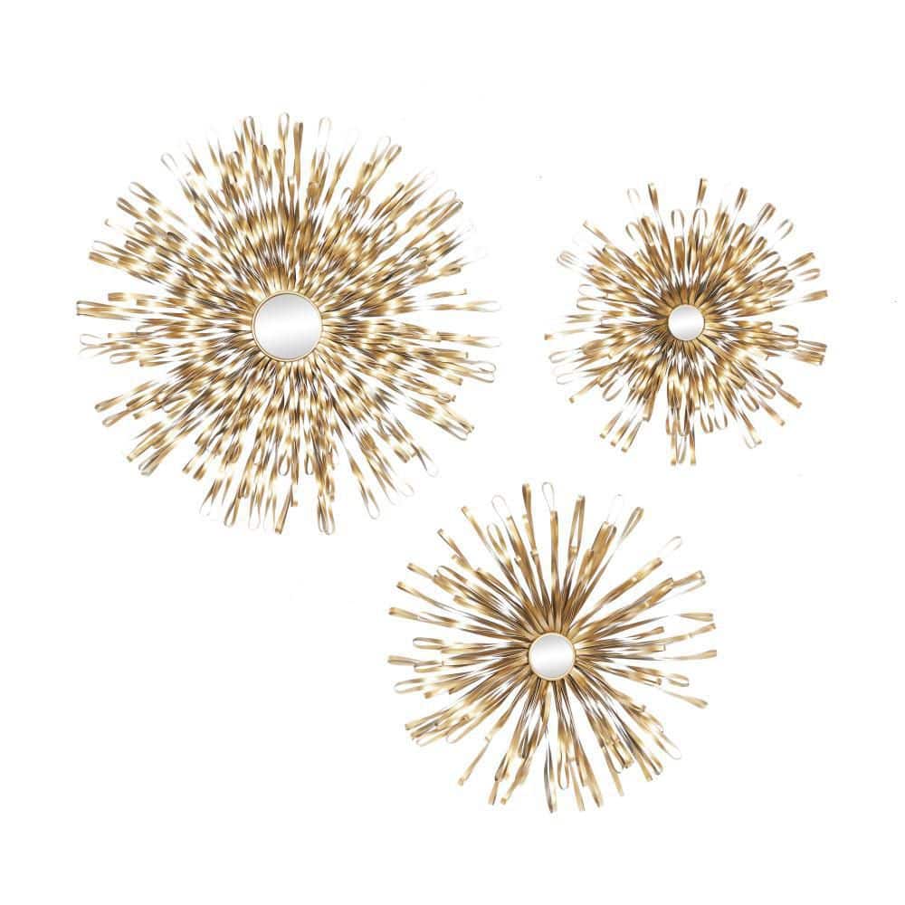 DecMode Gold Metal Sunburst Wall Decor with Mirror Accent (3 Count)
