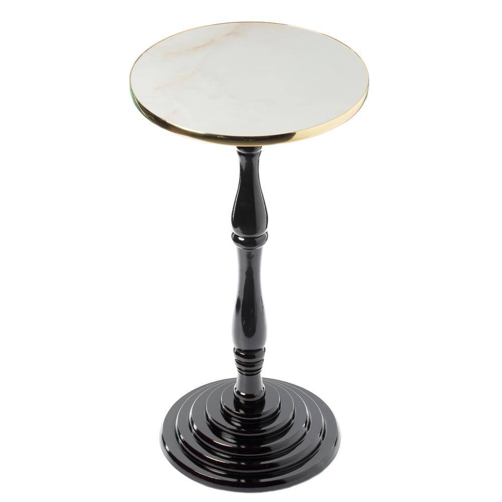 Espresso Wooden Round Pedestal Side Table with Glossy Marble Top