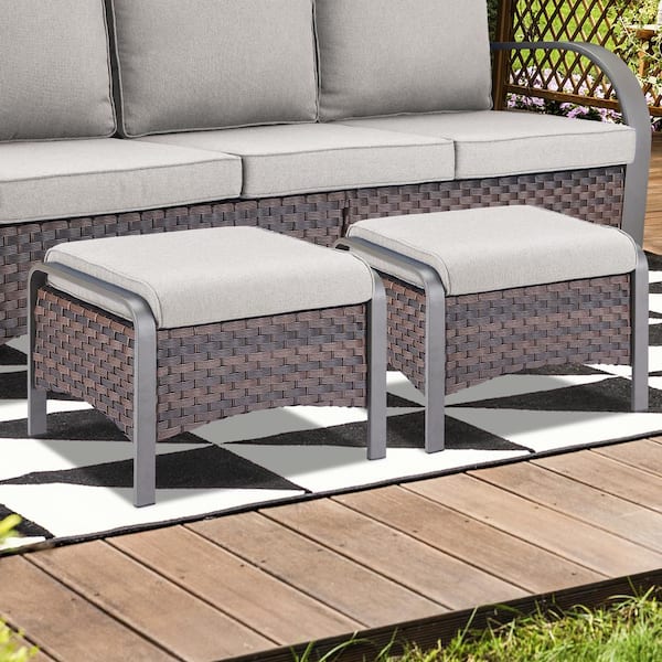 Opohoro ArcMetal Metal and Brown Wicker Outdoor Ottoman with Olefin Beige Cushion (2-Pack)