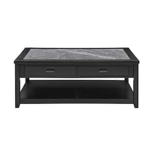 Garvine 47 in. Ebony Rectangle Stone Top Coffee Table with Casters