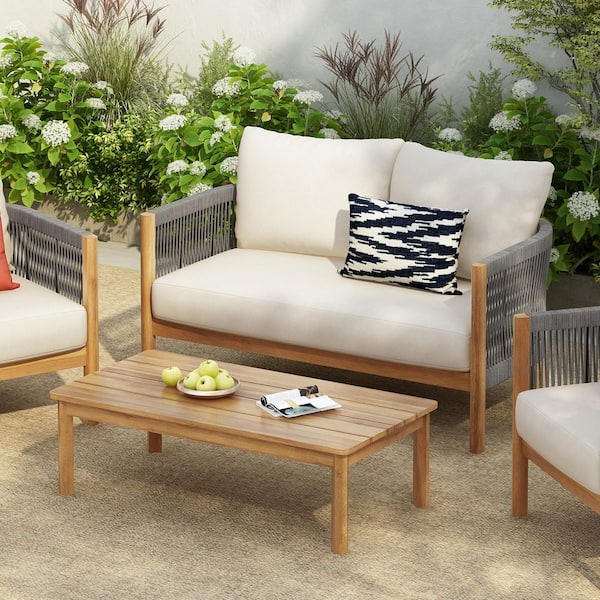 Rumi Outdoor Rope Weave and Solid Wood Patio Loveseat and Coffee Table Set with Beige Cushions, Grey + Teak