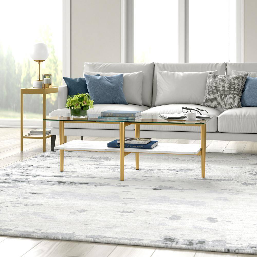 Otto 47" Brass Rectangular Coffee Table with Faux Marble Shelf