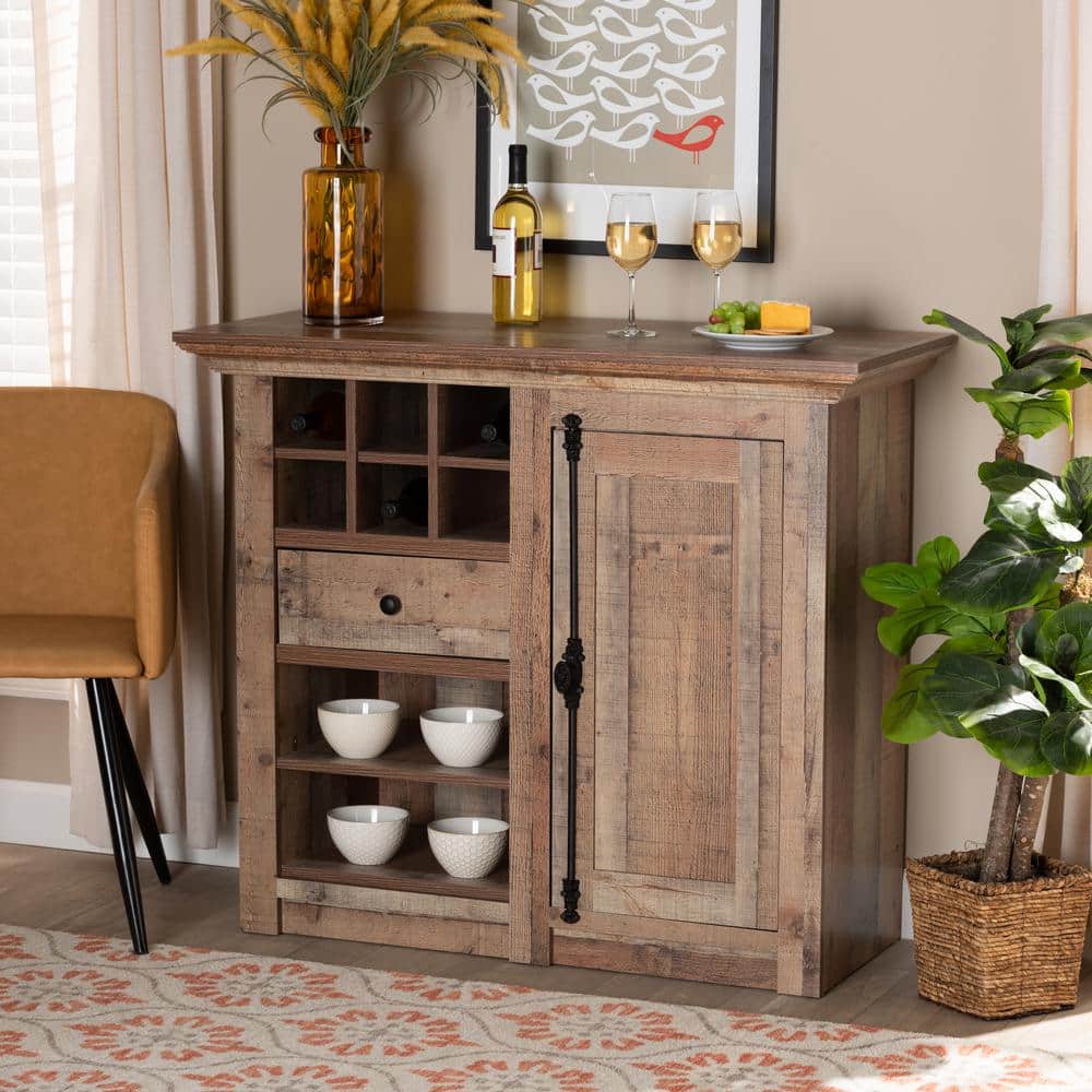 Albert Rustic Oak Brown Wood Dining Room Sideboard with Wine Cubbies