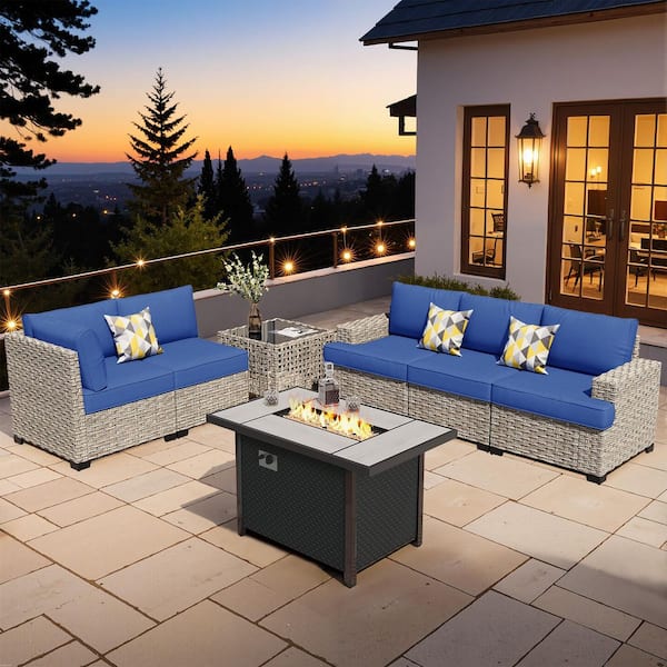 XIZZI Echelon 7-Pieces Wicker Outerdoor Patio Rectangular Fire Pit Set with Navy Blue Cushions