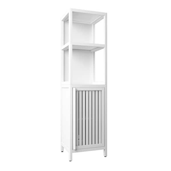 14.09 W x 12.99 D x 52 in. H White Bamboo Linen Cabinet Slim Bath Linen Tower w/1 Door & 2-Open Shelves