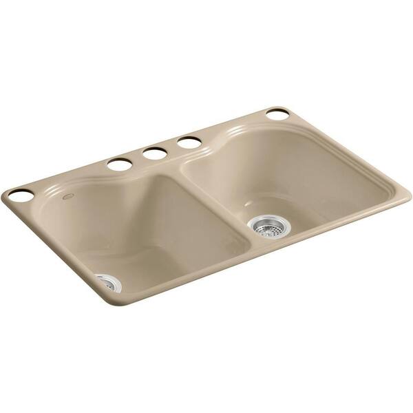 KOHLER Hartland Undermount Cast Iron 33 in. 5-Hole Double Bowl Kitchen Sink in Mexican Sand