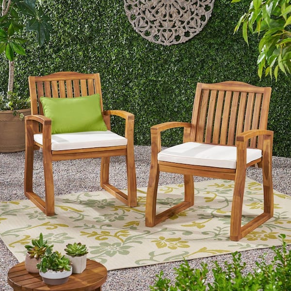 Acacia Wood Outdoor Lounge Chair with Cream Cushions (2-Pack)