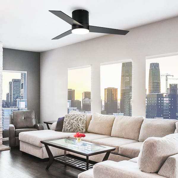 48 in. Indoor Integrated LED Matte Black Flush Mount Ceiling Fan with Light and Remote Control