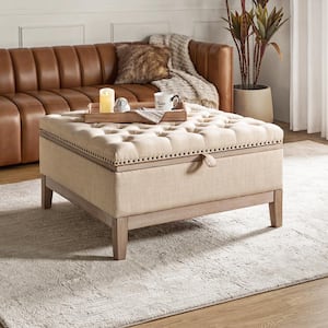Georgie Modern Linen Polyester Upholstered Storage Cocktail Ottoman with Nailhead Trims and Solid Wood Legs
