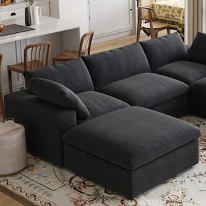 118 in. Square Arm 4-Piece Linen L-shaped Sectional Sofa Cloud Couch in Black with Ottoman