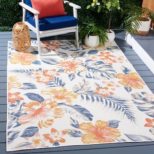 Sunrise Ivory/Rust Blue 7 ft. x 7 ft. Oversized Floral Reversible Indoor/Outdoor Square Area Rug