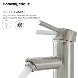 Simple Single-Handle Single-Hole Bathroom Brass Sink Faucet with Pop-Up Drain Assembly Kit Included in Brushed Nickel