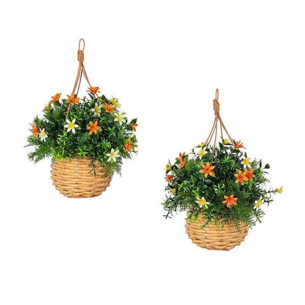 13 in. Green UV Resistant Artificial Lily and Mixed Greens in Woven Hanging Basket (Indoor/Outdoor) - Set of 2