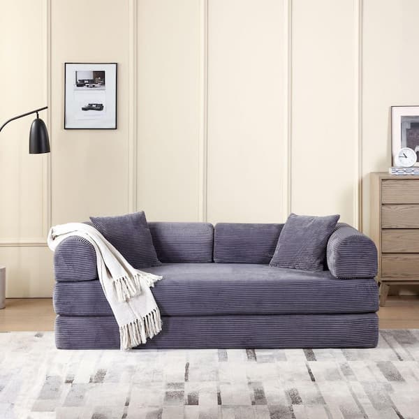 78 in. W 3 Seats Grey Fabric King Sofa Bed with Pillow-Corduroy Folding Mattress for Living Room, Bedroom, Lounge