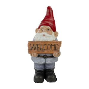 17 in. Gnome With Welcome Sign Outdoor Garden Statue