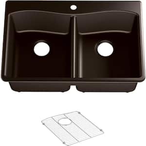 Kennon Dual Mount Neoroc Granite Composite 33 in. 4-Hole Double Bowl Kitchen Sink in Matte Brown with Basin Rack
