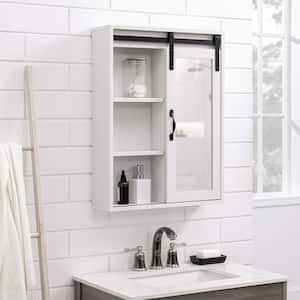 Brushed White Wood Farmhouse Wall Storage Cabinet with Sliding Mirror Door
