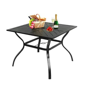 Black Metal Outdoor Dining Table for 4-People Patio X-square Table with 2.25 in. Umbrella Hole