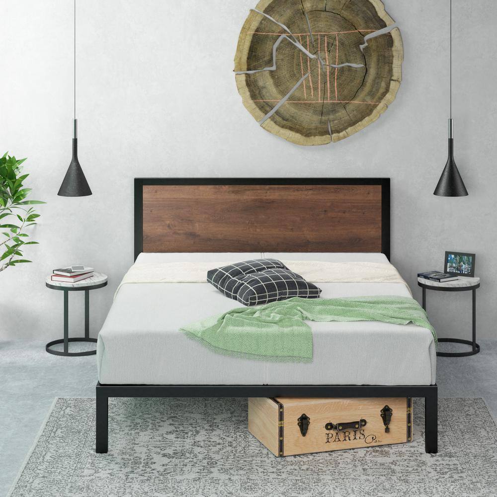 Full Black Metal Platform Bed Frame with Wood Headboard