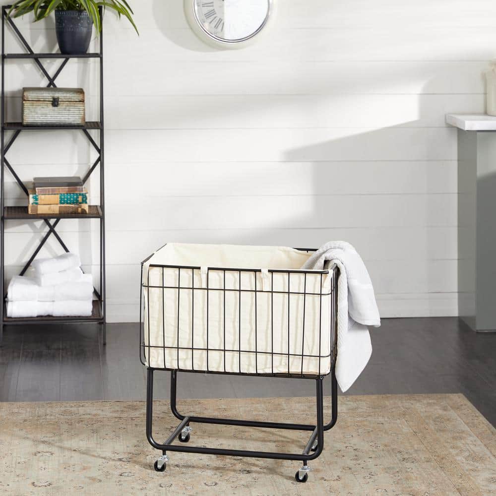 Black Metal Wire Basket Storage Cart with Wheels and Fabric Lining
