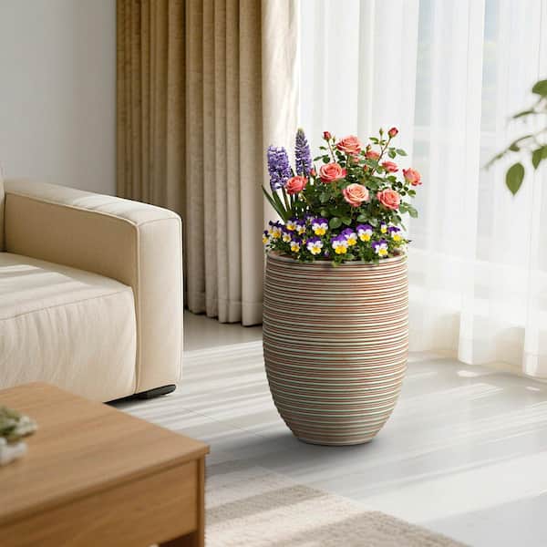 17 in.W x 21.5 in.H Tall Round Concrete Teal Striped Flower Planter Large Handcrafted Plant Pot with Drainage Holes